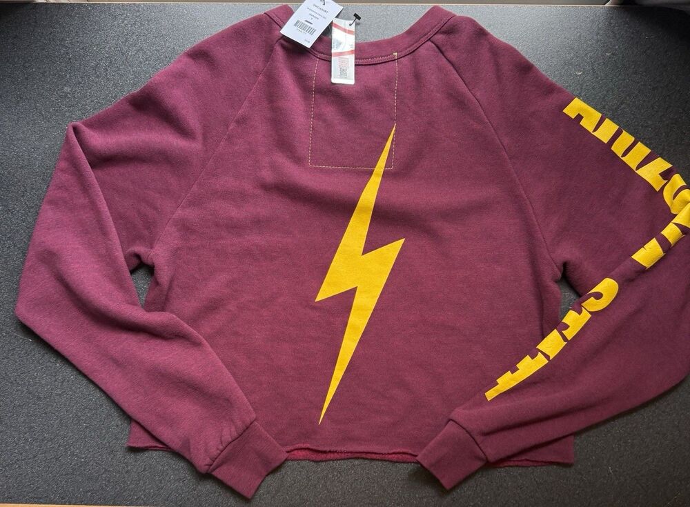 NWT Aviator Nation Bolt ASU S Cropped Crew Sweatshirt Maroon Devil Arizona State - Picture 7 of 9